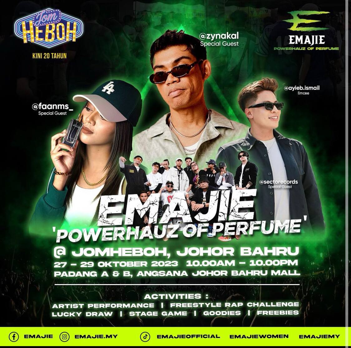 sectorecords's tweet photo. Sertai @EmajieOfficial x SECTO dalam persembahan dan juga acara signature kami, “FREESTYLE RAP CHALLENGE” yang akan berlangsung di Karnival @jomhebohofficial pada hujung minggu ini.

27-29 Oktober 2023, Padang A &amp; B, Angsana Mall Johor Bahru.

Stay tuned for more info. https://t.co/j8WfqQV8E3