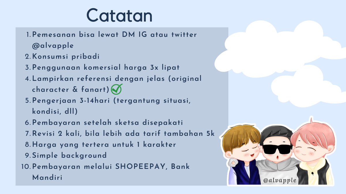 Alvapple's tweet photo. ✨ Open Commision Chibi Only✨ 🇮🇩
rt &amp; like are appreciated^^

Hai, aku open commission sesuai art style-ku yaa dan hanya untuk lokal (Indonesia) 🙏
Kalau mau tanya-tanya, silakan DM

Terima kasih^^

#commisionopen
#chibi
#digitalart
#artind https://t.co/DZA3AXGXxi