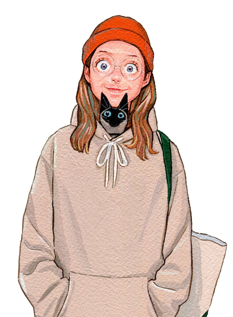 1girl solo cat white background hood orange headwear brown hair  illustration images