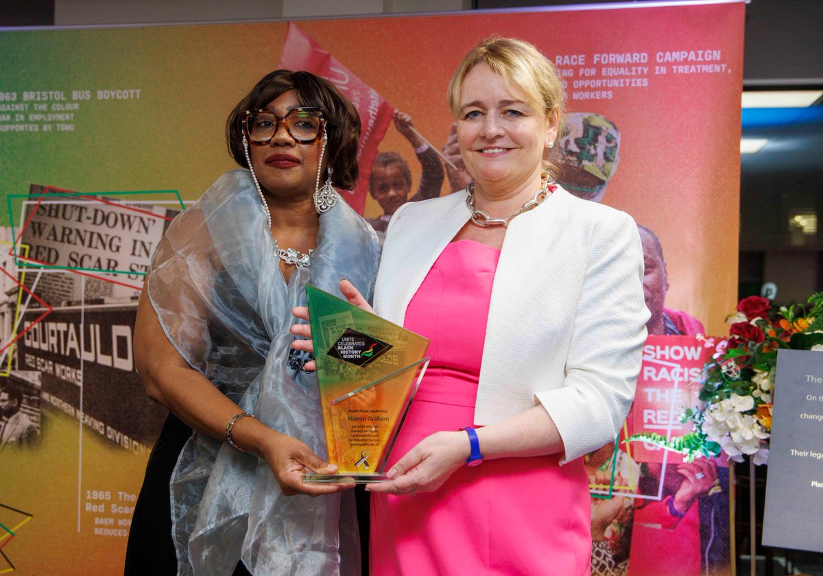 Here's our General Secretary, <a href="/UniteSharon/">Sharon Graham</a> collecting the 'Leadership and Champion for Equality' award yesterday evening presented by <a href="/unitetheunion/">Unite the union: join a union</a>'s Susan Matthews. It also recognises Sharon as being the first woman General Secretary of Unite the Union. #Equalities