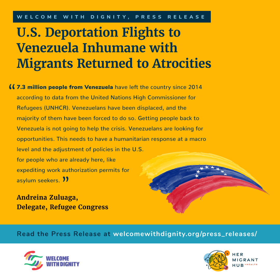 U.S. Deportation Flights to Venezuela Inhumane with Migrants Returned to Atrocities

Latest Press Release by <a href="/WelcomeWDignity/">#WelcomeWithDignity</a> 

Read more at: welcomewithdignity.org/press_releases/