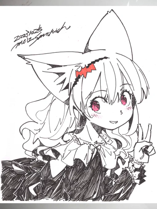【アナログ2017:ゆるいドレス】グレーが必要ないので「筆之介」を使っています。 #色紙 #原画 #モノクロ #狐娘