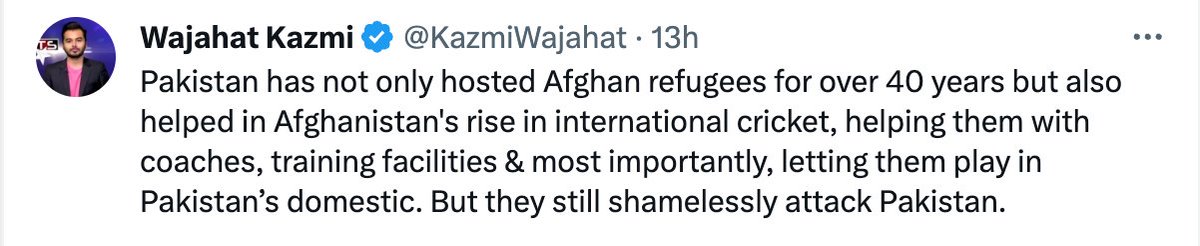 PtmAfg's tweet photo. Clearly, #Pakistan has gotten over its loss to #Afghanistan in the match but cannot get over the insult added to injury by Ibrahim Zadran when before the whole world he raised the issue of the brutal expulsion of innocent Afghan refugees by the Pakistani Punjabi regime and Army https://t.co/eKqvsCZ6OZ