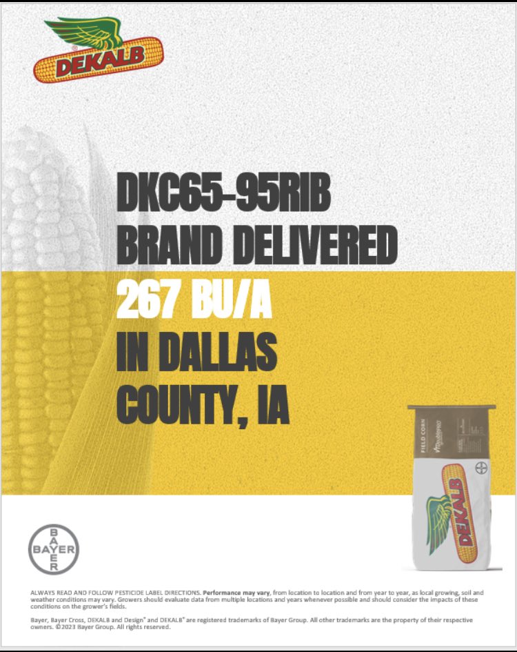 DKAS_SWIA's tweet image. DKC65-95RIB delivers 267 bu/ac on a 230 acre field in Dallas County!

#CornthatPerforms
#NeverSettle