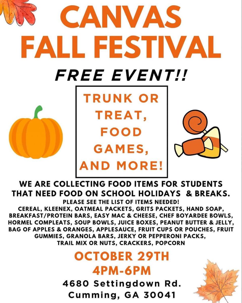 CanvasCumming's tweet photo. Join us this Sunday afternoon for a FUN FALL FESTIVAL! Also don’t forget to bring items to donate for our students in the community! Details are on the flyer! We can’t wait to fellowship with you! Please bring/invite your friends an family to join! https://t.co/SE2SqlEwsR
