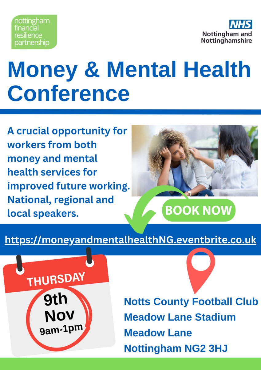 Take part in this collaborative Money and Mental Health event. For those working either in the field of tackling or preventing financial difficulty, or in the field of mental health. Thurs 9 Nov, 9am-1pm, Notts County Football Club. #Nottingham