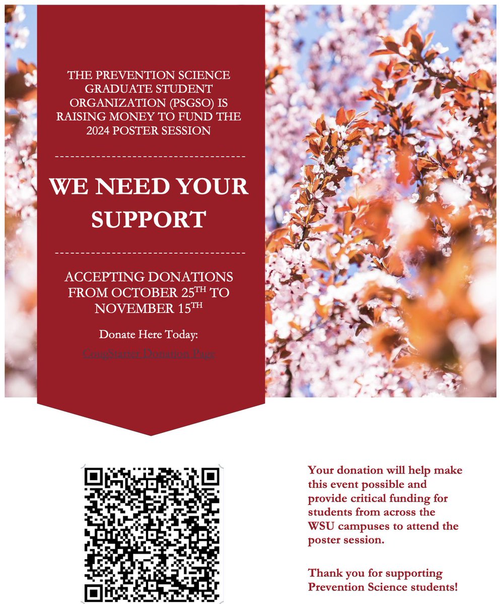 Our outstanding Prevention Science Graduate Student organization is crowdfunding is seeking donations to help support an academic poster session in Vancouver! Any size donation is helpful! Donate by 11/15 here: cougstarter.wsu.edu/project/39940?…