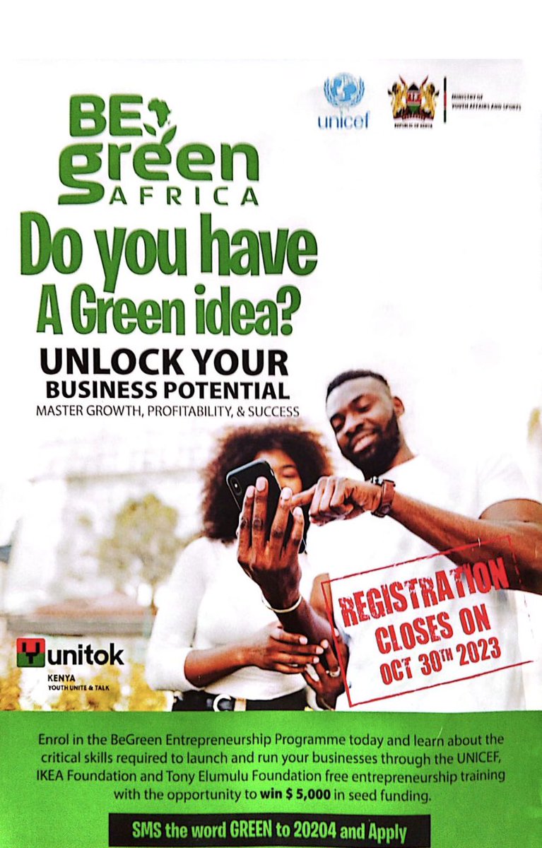 CALL FOR YOUTH APPLICATIONS : Bring your GREEN IDEA and WIN  $ 5,000 . A collaboration between <a href="/moyasa_ke/">Min. of Youth Affairs, Creative Economy & Sports</a> and <a href="/UNICEFKenya/">UNICEF Kenya</a>. DEADLINE 30th October 2023 to award 200 winners. Training and certifications to over 2,000 who will
Apply <a href="/AbabuNamwamba/">Amb Hon Ababu-Namwamba, EGH🇰🇪</a> @IsmailMaalim19