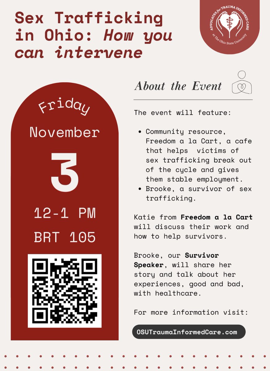 Ohio ranks 4th in the nation for sex trafficking & many survivors say they were evaluated by physicians numerous times but never offered resources. For anyone who wants to learn more, check out this event by awesome @OhioStateMed students @Jace_Greenwald @mackey_alfonso #MedEd
