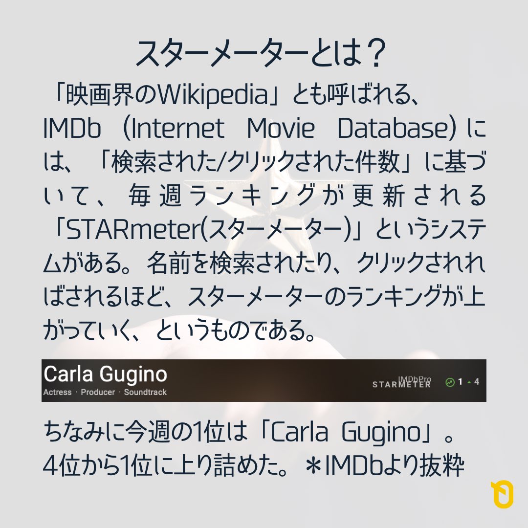 KAIROS_JAPAN's tweet photo. ⭐️
#068
「IMDbスターメーターランキングって大事?」 (1/2)
Written by @ko_iwagami
#imdb #imdbstarmeter #starmeter
#kairos #カイロス
『日本と海外の両方で活躍したい俳優向けの情報ポータルサイト』
@KAIROS_JAPAN https://t.co/9tZXWdA5YG