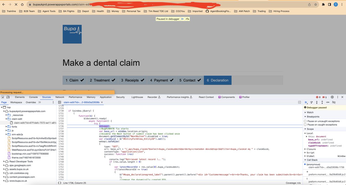 ticktockreed's tweet photo. @Bupa I am unable to submit a claim because of an error with Bupa claim form. 

you have `debugger` present in a production website... Are you debugging live code? 😬 https://t.co/lkc6VCMwf5