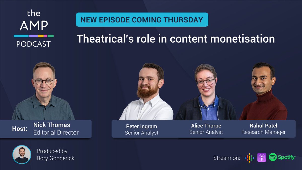 AmpereAnalysis's tweet photo. In the upcoming episode of #TheAmp Podcast, , Analysts @AliceEThorpe, @Rahul28Patel and Peter join our Editorial Director @analystnick in discussing Theatrical's role in content monetisation

The full #episode will go live this Thursday, 26/10. https://t.co/j7H9z1Z4qw
