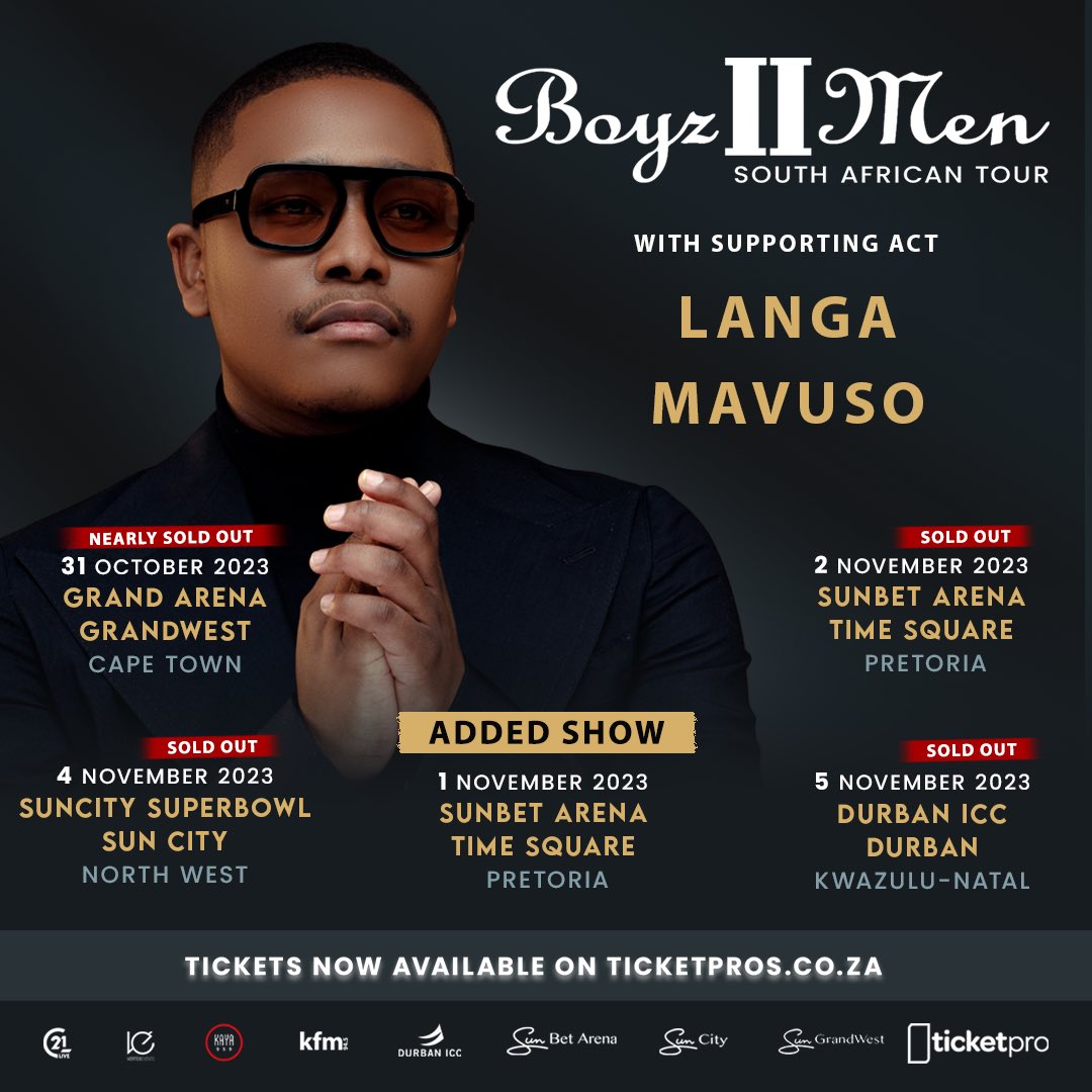Exciting News! Get ready to be blown away as we introduce the incredibly talented @langamav as the supporting act for the Boyz II Men SA Tour! * He's going to be gracing us with his mesmerizing voice at ALL our shows, and we couldn't be more thrilled! See you there!