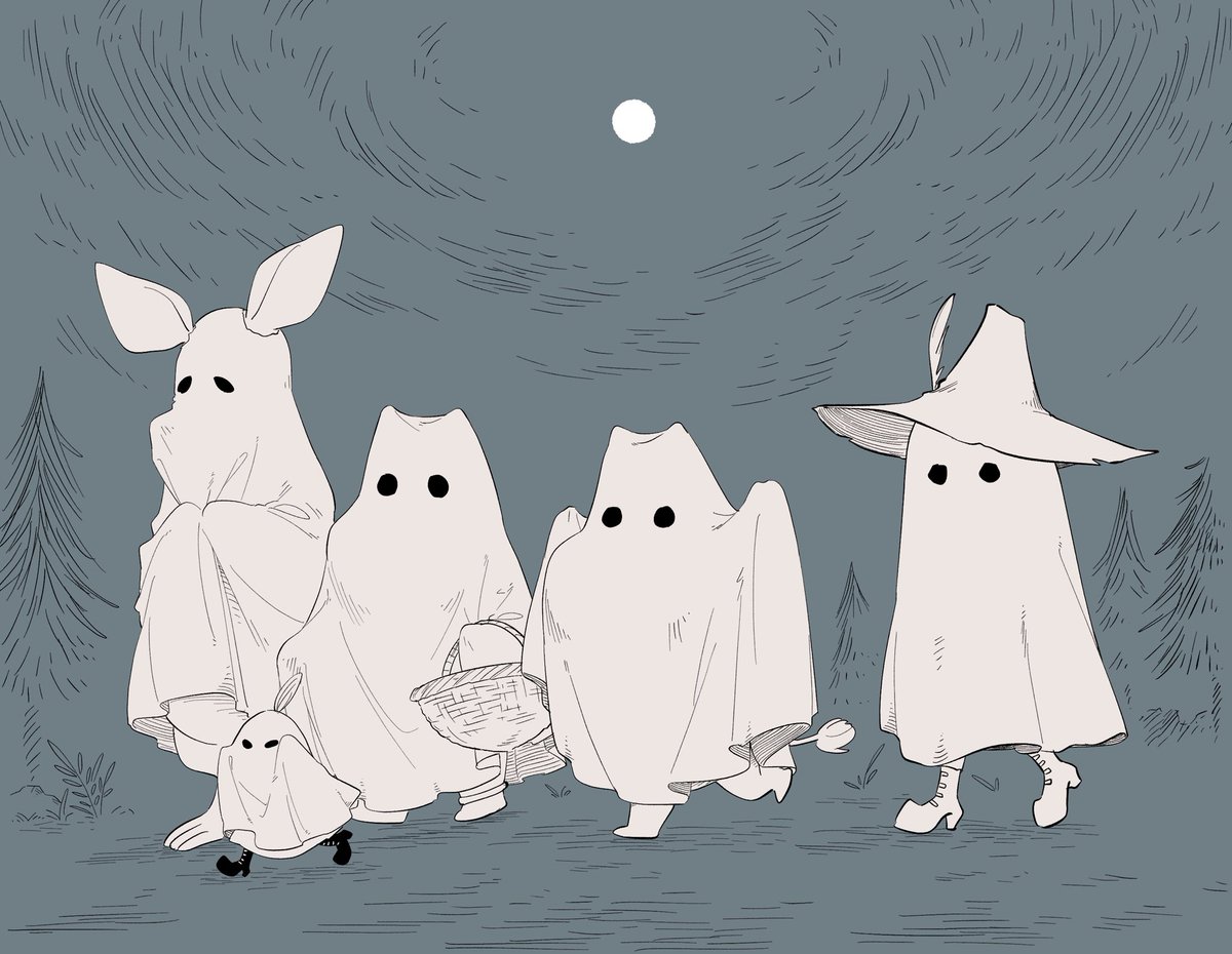 ghost costume basket hat multiple others moon night halloween  illustration images