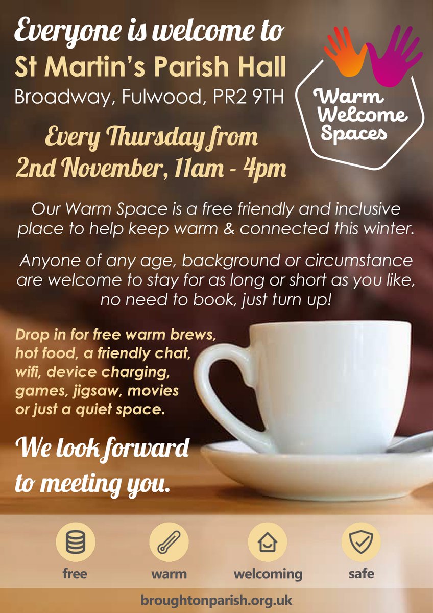 broughtonparish's tweet photo. From Thursday 2nd November, every Thursday from 11.00am-4.00pm St Martin's Chapel, Broadway, Fulwood will be open as a Warm Welcome Space. Everyone is welcome. https://t.co/eLtpPkdvnQ