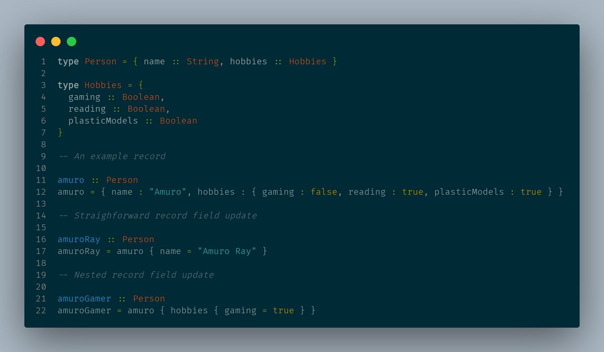 Savlambda's tweet image. #fsharp is about to get support for nested record updates. This is what it looks like in PureScript. Interesting how similar features can be implemented with a slight variation in similar languages.
(Bits of #purescript)
