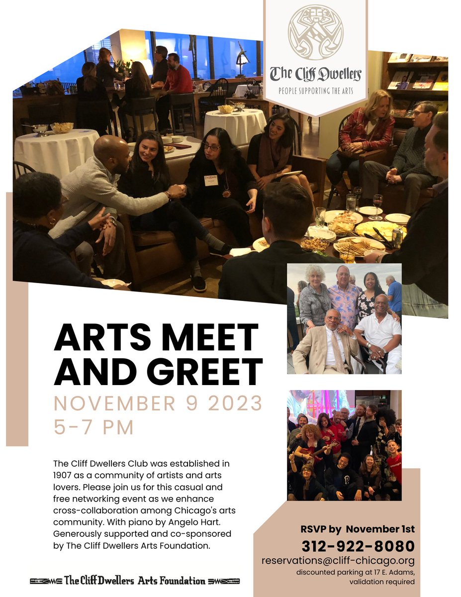🎨 Exciting news! 🌟 Join us for an unforgettable evening at The Cliff Dwellers Arts Meet &amp; Greet on November 9, 2023. 🎉 Connect with fellow art enthusiasts and explore the vibrant world of creativity. Don't miss out – RSVP by November 1st at 312.922.8080. See you there! 🎭🖼️ #