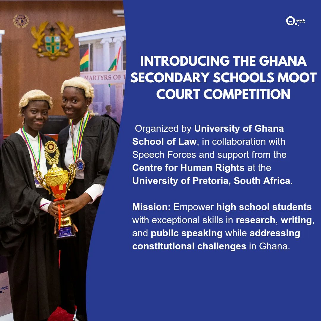 speechforcesorg's tweet photo. Introducing the Ghana Secondary Schools Moot Court Competition (GSSMCC)
#GSSMCC offers students a unique platform to address significant constitutional challenges in Ghana, promoting critical thinking and legal expertise.
Learn more 👇🏽
#GSSMCC
#SpeechForces
#debateislife https://t.co/NBnydZIIxz