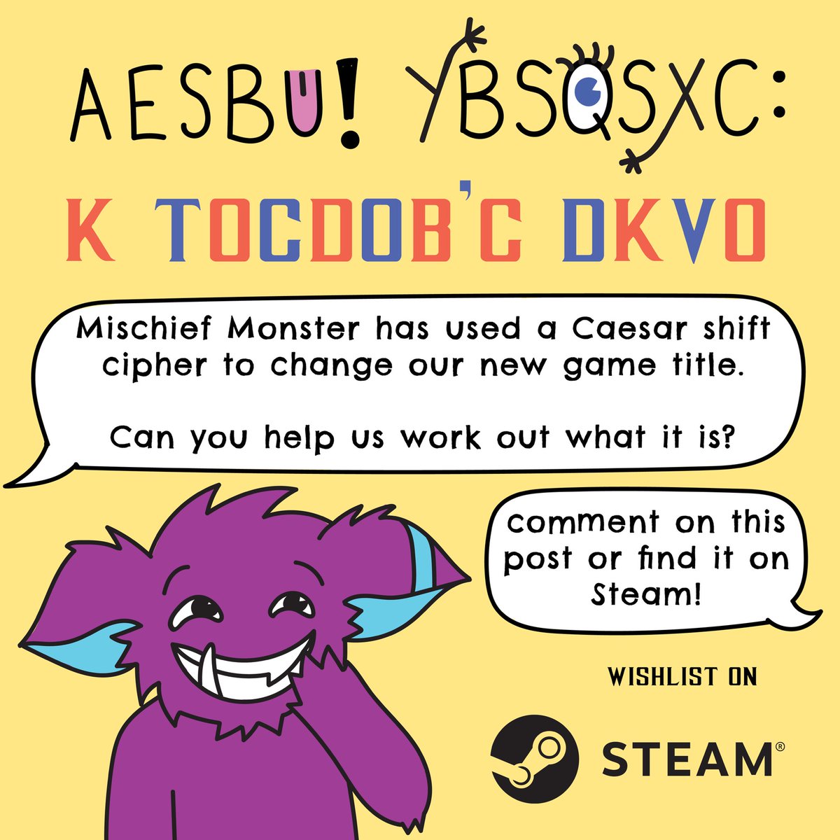 EmmerseStudios's tweet photo. 🤩 ANNOUNCING 🤩 Our first video game title. An interactive visual novel set in alternative Quirk! Universes. 

However our title has been scrambled by the Mischief Monster. Can you work out the title of our new game? Write it in the comments or see if you can find it on Steam. https://t.co/FIa7wEQEsP