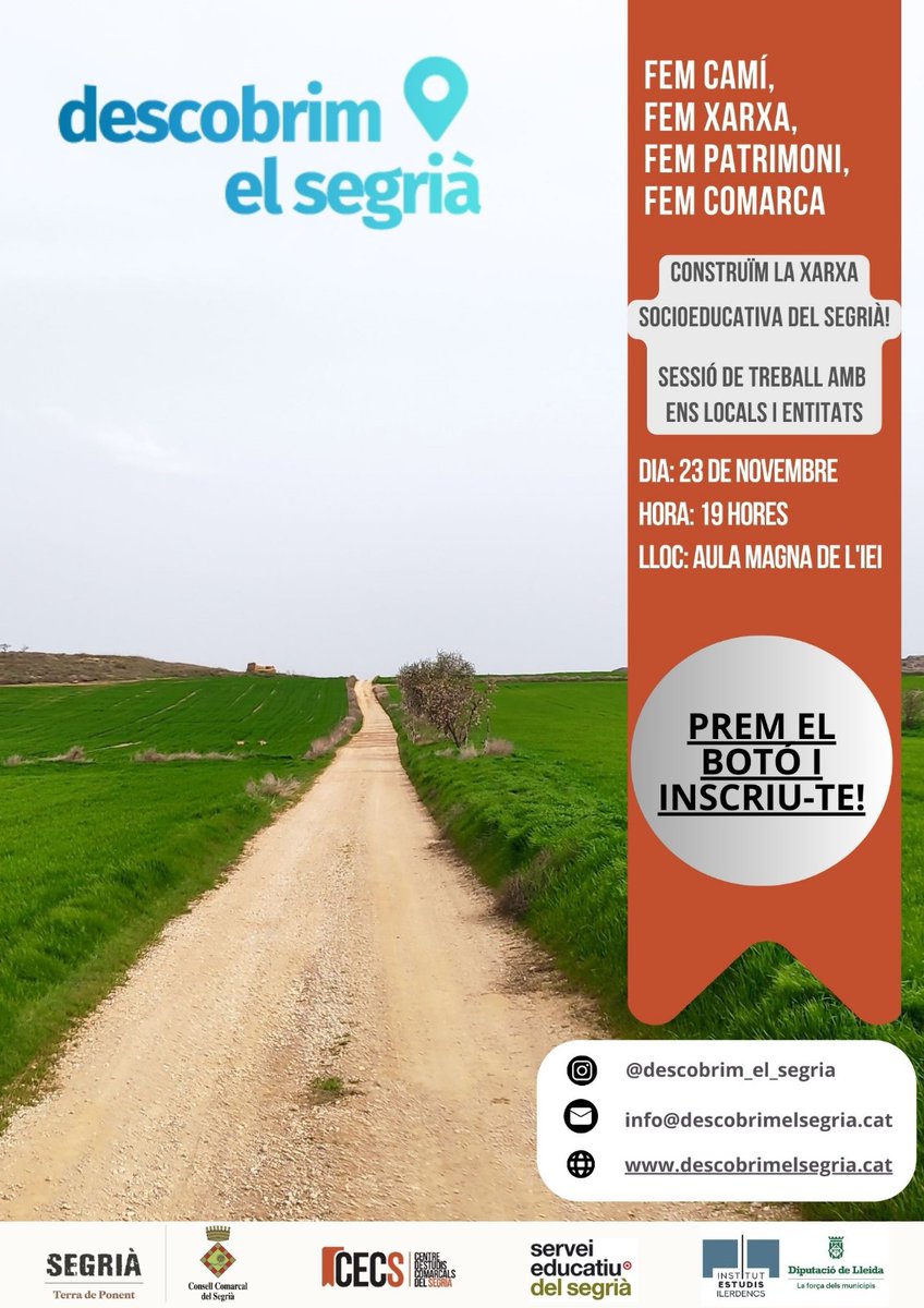 CECS12's tweet photo. Descobrim el Segrià: FEM CAMÍ, FEM XARXA, FEM PATRIMONI, FEM COMARCA
 23 October 2023
#SessióDeTreball amb #entitatslocals
Sala Magna de l'@IEILleida
19h
Per continuar treballant per la promoció i difusió del #patrimoni dels nostres pobles
#Segrià #laforçadelsmunicipis #patrimoni https://t.co/PNY9ClfdzO
