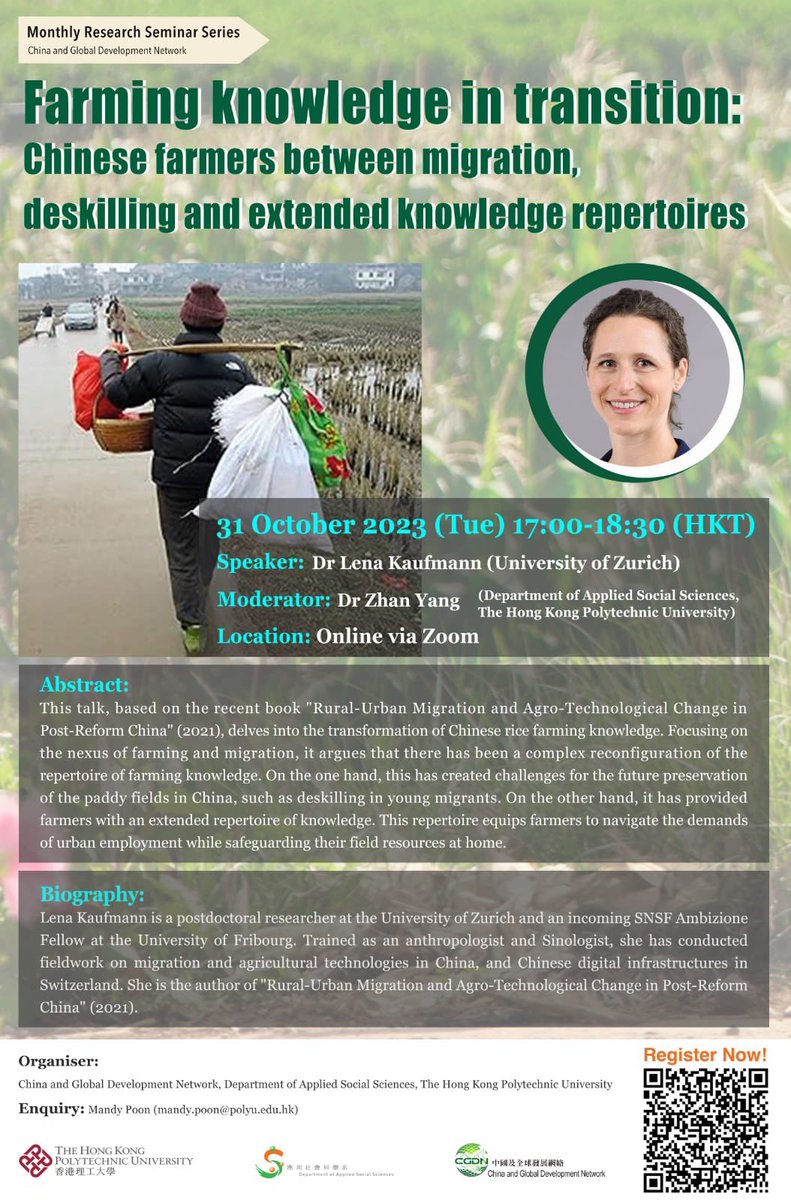 Join me next week for a presentation on farming knowledge in transition at @HongKongPolyU, based on my book on rural-urban migration and farming in #China @AmsterdamUPress! Thanks @yangzhan_hk, Karita Kan, Jenny Chan & Mandy Poon, looking forward!