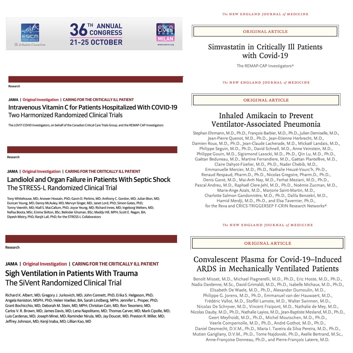 6 RCTs presented during <a href="/ESICM/">ESICM</a> #LIVES2023 in the last 2 hours you can’t miss if you work with critically ill patients:

#1 Simvastatin in critically ill COVID pts
#2 Vit C in COVID pts
#3 Landiolol in septic shock
#4 Amikacin to prevent VAP
#5 Convalescent plasma in COVID ARDS
#6