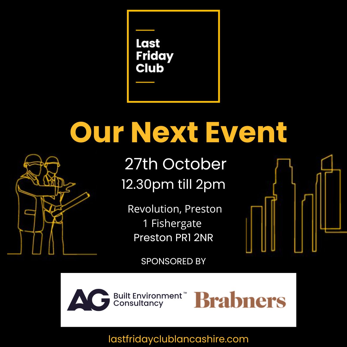 Join us this coming Friday for the Last Friday Club where <a href="/AndertonGables/">AG Built Environment Consultancy.</a> will be sponsoring alongside <a href="/BrabnersLLP/">Brabners</a>. We can't wait to welcome you all for some lunchtime Property networking.
#lancashirenetworking #property #construction #networking