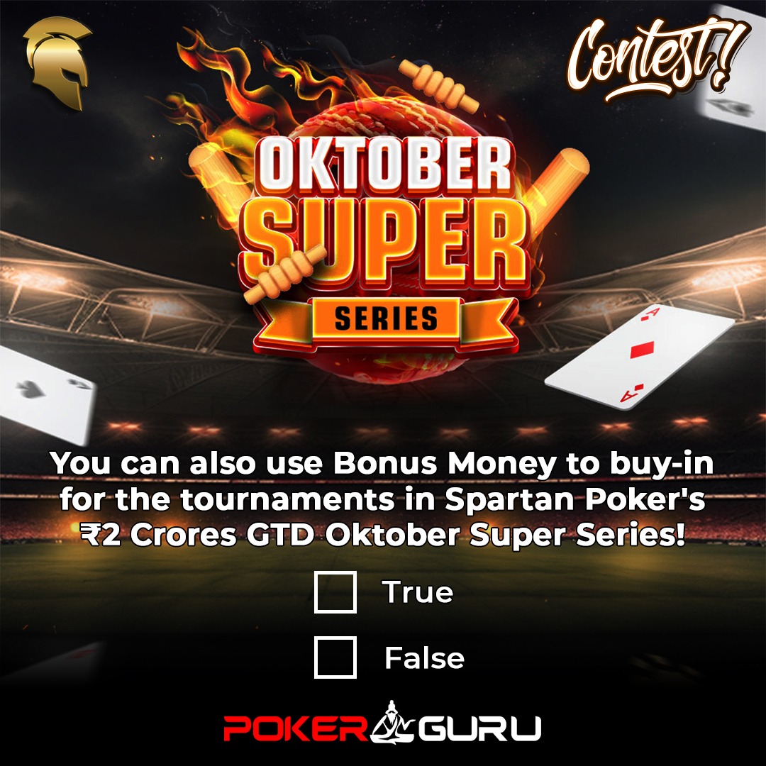 PkrGuru's tweet photo. #ContestAlert #Giveaway 😀

Dive into @Spartan_Poker's Oktober Super Series (OSS), showcasing an impressive ₹2 Crores in guaranteed prizes across 31 exhilarating tournaments from October 25 to 29. The grand series is now live!

For our dedicated followers, here's a golden opportunity: Participate in this contest and stand a chance to grab one of the 5 exclusive tickets 🎟️, each valued at ₹1,650 for the ₹3 Lakhs GTD OSS #7 Multi Entry at 7:30 PM.

Here are the rules:
1. Sign up on Spartan Poker here 👉🏻 https://t.co/5wSgpGd9Ei
2. Like/Follow 📲 #PokerGuru & @Spartan_Poker 
3. Comment with the correct answer and your Spartan Poker account ID, and tag three poker friends. 👥👥👥
4. Subscribe to our WhatsApp Channel: https://t.co/f13VdE26gW

The contest is open across all our social media handles on #Facebook, #Instagram, and #Twitter. Entries across all platforms will be considered while awarding the prizes.

Winners will be announced in the comments section of this post on October 26 by 5 PM. 🕔

Good luck, everyone! 🤞🏻
