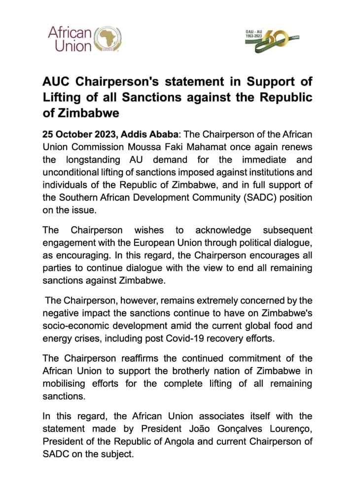 The AU Chairperson has issued a statement in support of the SADC Anti Sanctions Day ,Africa should stand tall to fight Western hegemony masquerading as fight for democracy and human rights which they can't practise @cgtnafrica @china_emb_zim @USEmbZim @ChineseZimbabwe @ETimesZw
