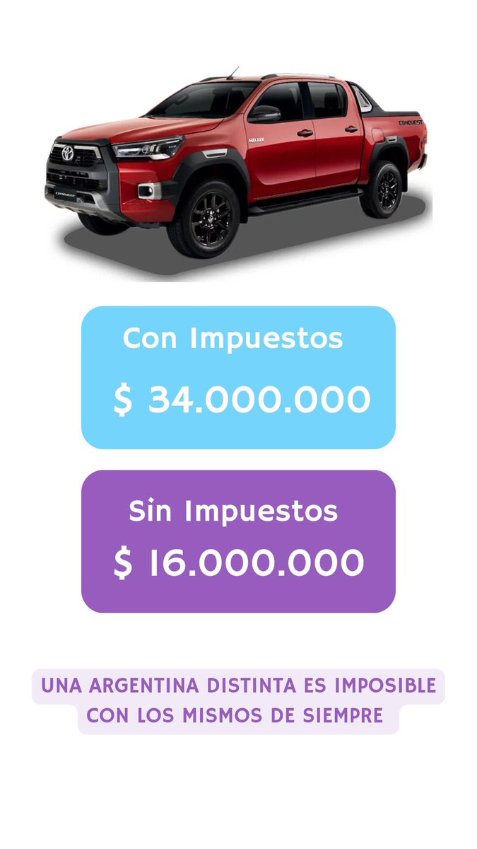 ElTrumpista's tweet photo. 🚨 COMPRARTE UNA PICK-UP

🔵 Tarifa Massa - $34.000.000

🟣 Tarifa Milei - $16.000.000 https://t.co/DkkazbOzPm