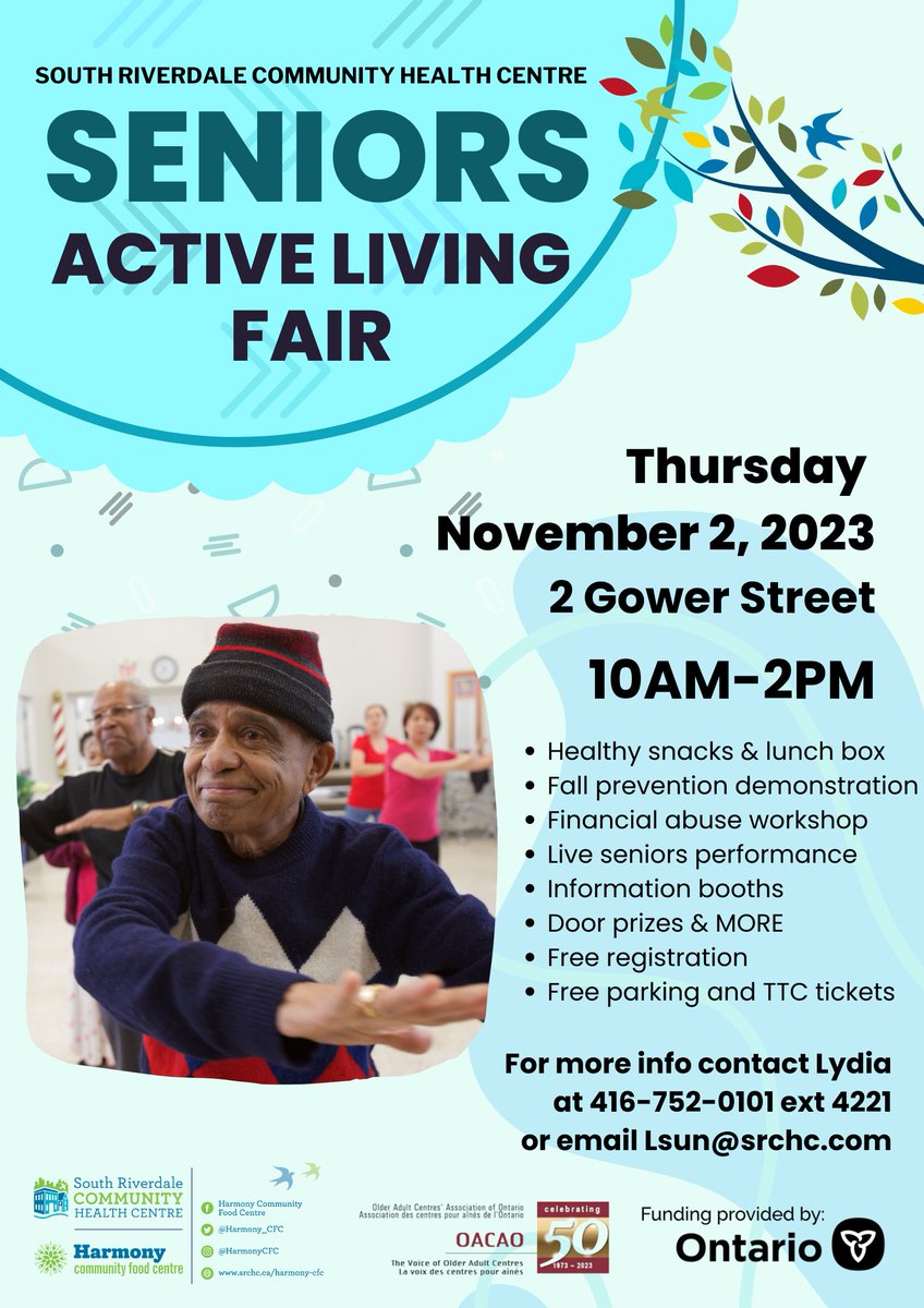 We are hosting a Seniors Active Living Fair on Thurs, Nov 2 from 10am-2pm at 2 Gower St. The event will include performances, workshops, snacks &amp; more. Contact Lydia at 416-752-0101 ext 4221 for more info.
 
 #SeniorsActiveLivingFairs #FoiresVieActiveAinées <a href="/TheOACAO/">OACAO</a> <a href="/SeniorsON/">Ontario Seniors</a>