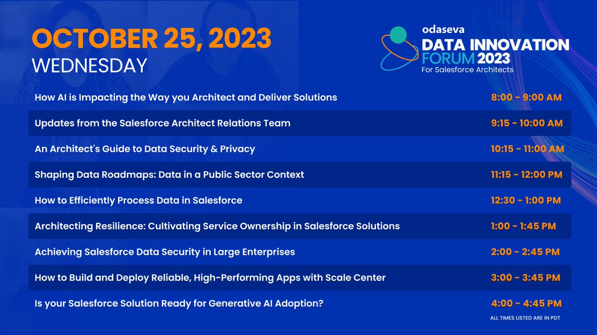 odaseva's tweet image. Today&apos;s Agenda for the #DataInnovationForum for #SalesforceArchitects (FYI there&apos;s still time to register for sessions! All times PDT):
🔵How #AI is Impacting the Way you Architect and Deliver Solutions, 8am
🔵Updates from the #Salesforce Architect Relations Team, 9:15am

(1/4)