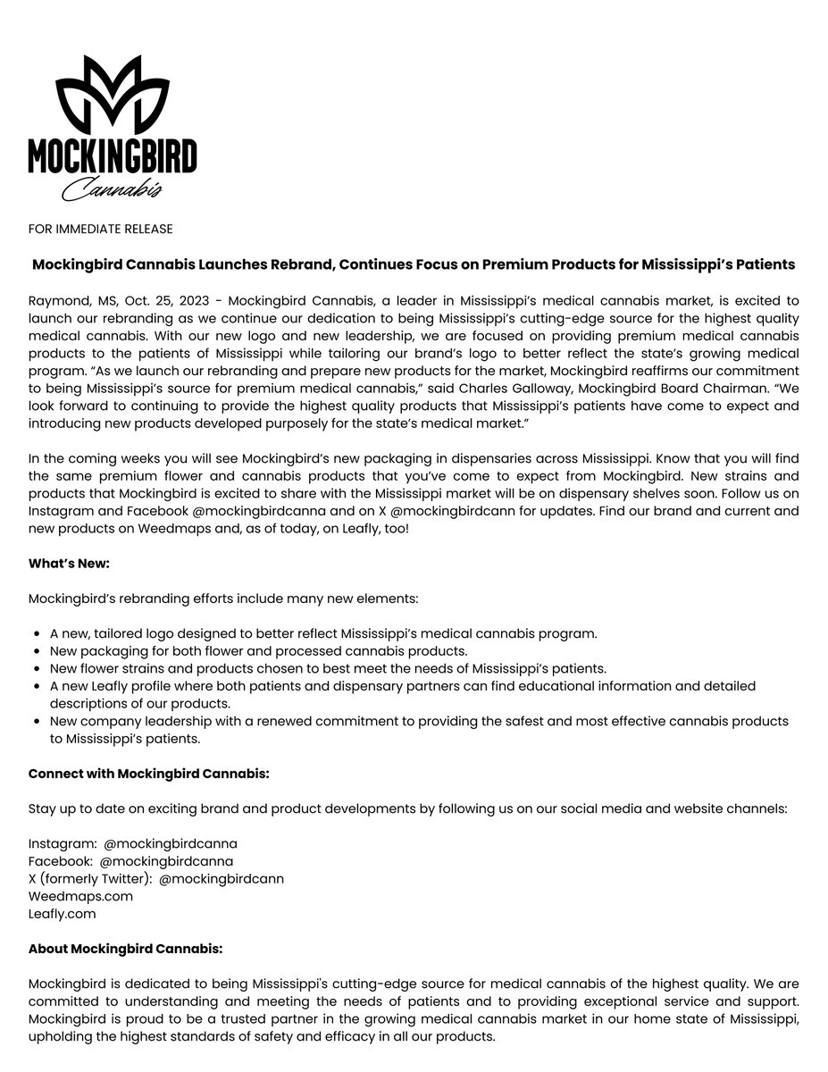 Mockingbird Cannabis Launches Rebrand, Continues Focus on Premium Products for Mississippi's Patients

#Mockingbird #Mississippi #medical #cannabis #nothingforsale