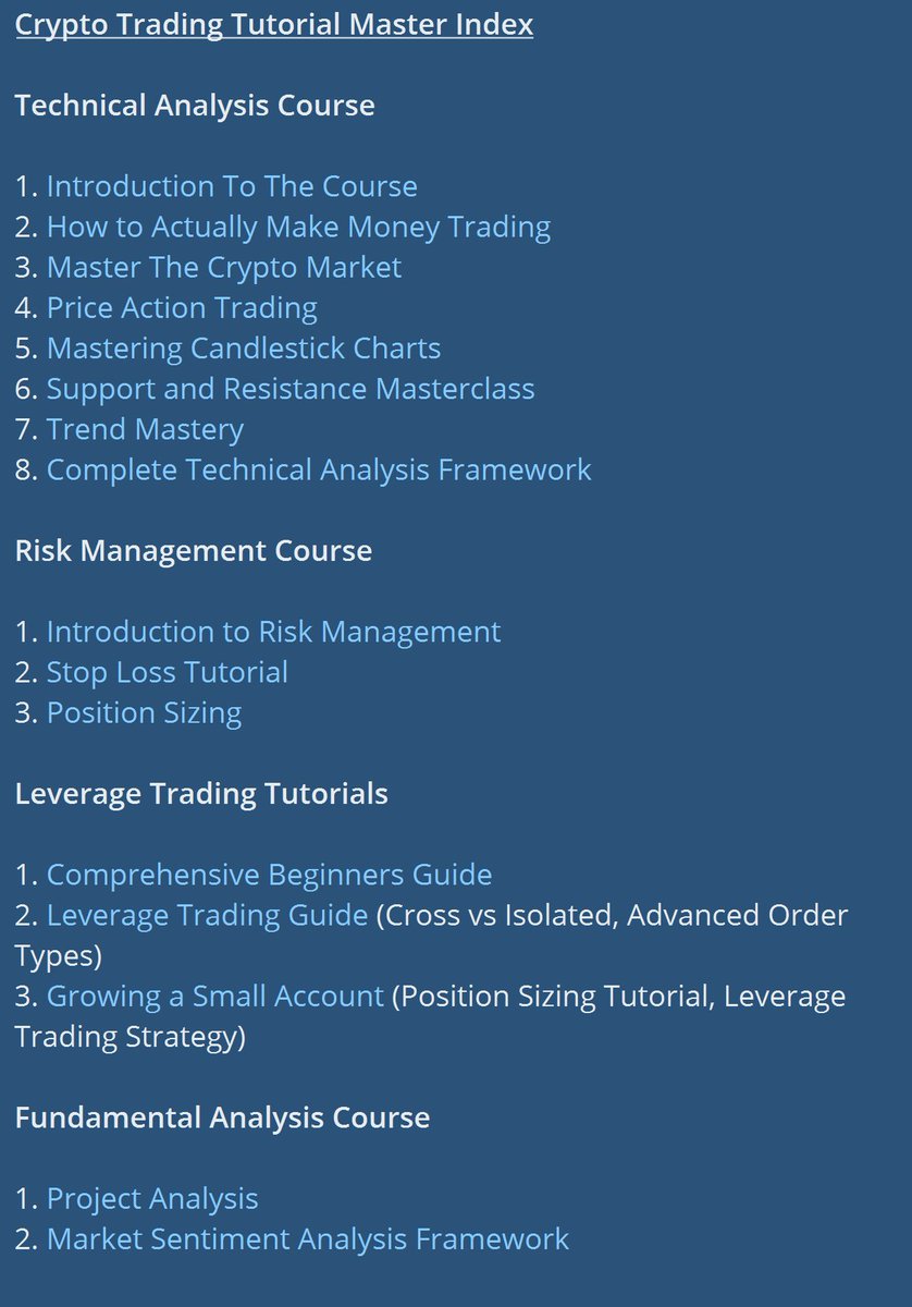Most will charge you $1000+ for a good trading course.

Here is one I've made for free.

These are the techniques I used to reach financial freedom in previous crypto bull markets.

The link is in my profile bio.

(Includes PDFs, assignments, extra reading)