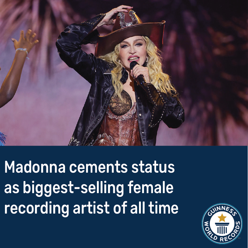GWR's tweet photo. Congratulations to the iconic @Madonna, who has had several records updated including being the highest grossing female touring artist and the biggest selling female recording artist of all time 💫