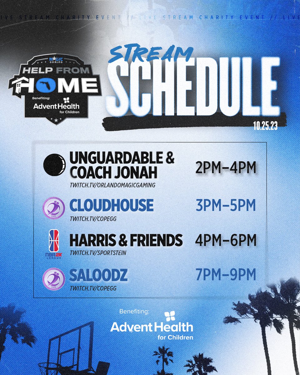 Magic Gaming (@magicgaming) on Twitter photo Presenting the Official 2023 “Help From Home” Stream Schedule! 🖥️
Make sure to stop by throughout the day to enter chat-exclusive giveaways and join our mission to support AdventHealth for Children’s Patient Assistance Fund! 💙
🔗 bit.ly/408Mk9y
<a href="/AdventHealthCFL/">AdventHealth Central Florida</a> Presenting the Official 2023 “Help From Home” Stream Schedule! 🖥️
Make sure to stop by throughout the day to enter chat-exclusive giveaways and join our mission to support AdventHealth for Children’s Patient Assistance Fund! 💙
🔗 bit.ly/408Mk9y
<a href="/AdventHealthCFL/">AdventHealth Central Florida</a>