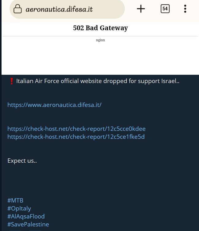 PHacktivism's tweet photo. As reported in its #Telegram channel, @MysteriousT34m0 (Mysterious Team Bangladesh) has attacked several websites of Italian airports as a form of protest for the support that Italy is giving to #Israel. #DDoS #hacktivism #IsraelPalestineWar https://t.co/PhWNhZubEr