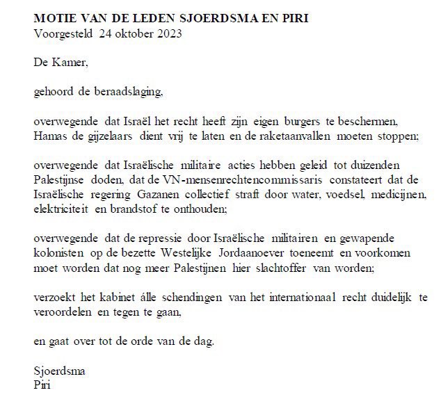Erg pijnlijk. 

De motie van D66 &amp; GL-PvdA die het kabinet oproept om álle schendingen vh internationaal recht duidelijk te veroordelen, heeft geen meerderheid gehaald. 

Tegen stemden oa. CDA en VVD.