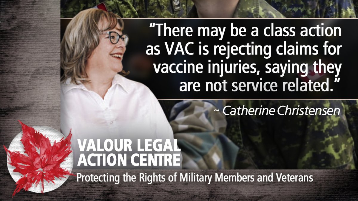“There may be a class action as VAC is rejecting claims for vaccine injuries, saying they are not service related.”

JUSTICE COMES AT A COST. DONATE TODAY: bitly.ws/LVmm

ValourLegalActionCentre.org

#charterrights  #droitsdelacharte
#military  #militaire
