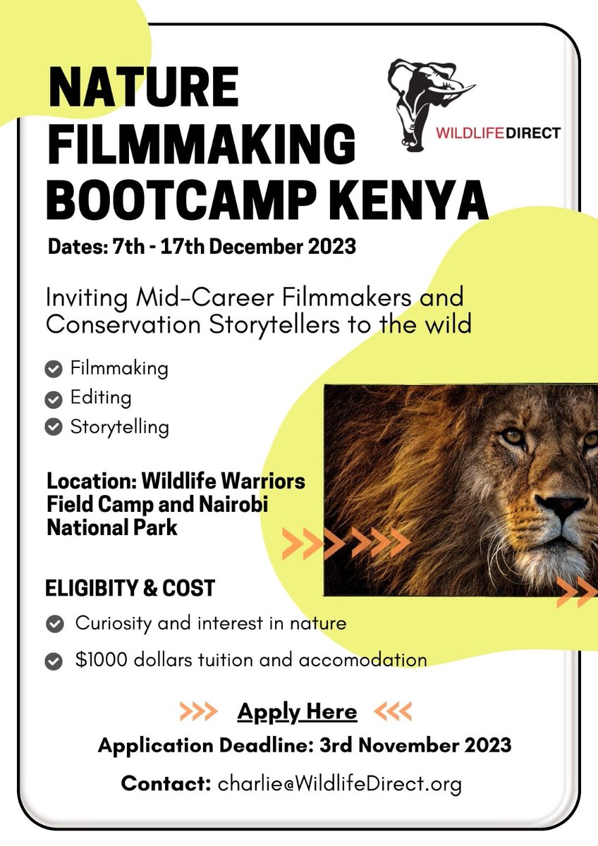 wildlifedirect's tweet photo. 🌿🎥 Attention Mid-Career Filmmakers &amp; Conservation Storytellers!
Elevate your storytelling in filming and editing to global standards at the Nature Filmmaking Bootcamp Kenya! 🚀

Don't miss this opportunity! Check out the poster &amp; apply now: https://t.co/8NO0BwXteC #Filmmakers https://t.co/sOkA5dK2Cs