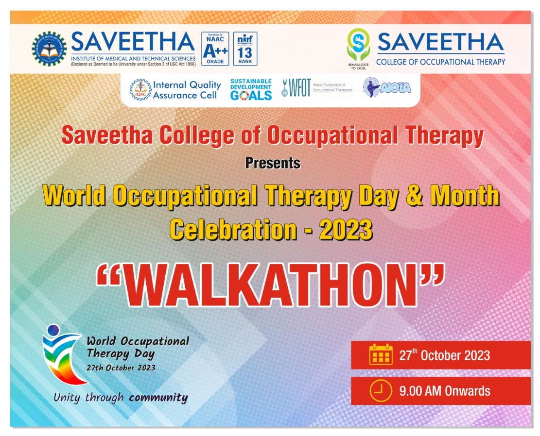 scot_simats's tweet image. On the occasion of "WORLD OCCUPATIONAL THERAPY DAY AND MONTH " Saveetha college of occupational therapy is conducting a" WALKATHON" on 27/10/23 at 9.00AM.
#wfot #OTMonth #aiota #IQAC #scot #occupationaltherapy #simats