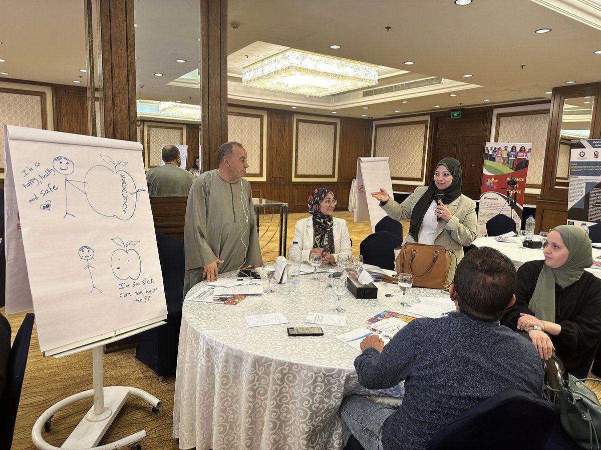 ScienceAlly's tweet photo. #SciCommEgypt participants drawing a picture of the what they imagine the country will look like if access to #GeneEditing is created for smallholder famers #BiotechRocks https://t.co/3diQR5VNgc