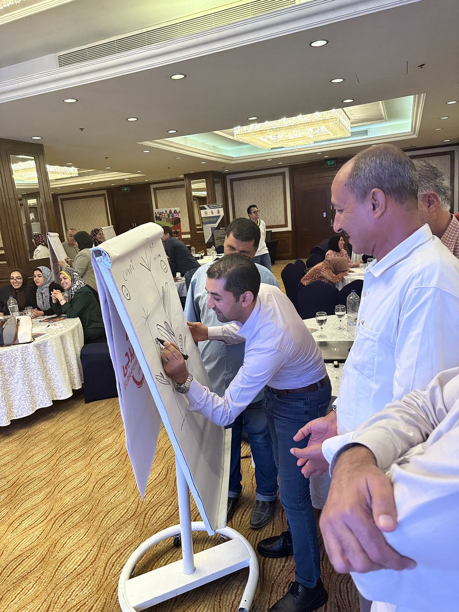 ScienceAlly's tweet photo. #SciCommEgypt participants drawing a picture of the what they imagine the country will look like if access to #GeneEditing is created for smallholder famers #BiotechRocks https://t.co/3diQR5VNgc