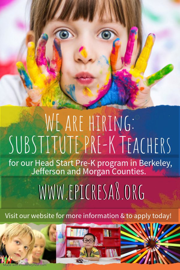 EasternEpic's tweet photo. SUBSTITUTE TEACHERS NEEDED FOR EPIC HEAD START PRE-K IN BERKELEY, JEFFERSON, AND MORGAN COUNTIES!! BECOME A LONG-TERM OR DAY TO DAY SUB WITH A BA/BS DEGREE OR A RESTRICTED SUB WITH AN AA DEGREE OR AT LEAST 60 SEMESTER HOURS OF COLLEGE CREDIT WITH A 2.0! https://t.co/Rbxx19A2Ze https://t.co/JbnQ7Is3Te