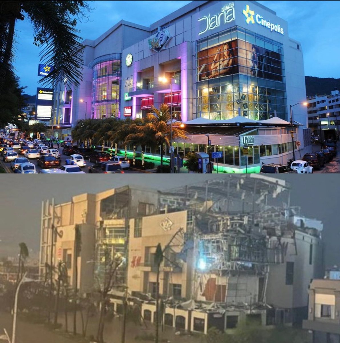 DiariodeMorelos's tweet photo. Así el antes y después de Galerías Diana tras el paso del poderoso y devastador #Huracán #Otis en #Acapulco, #Guerrero, donde tocó tierra como categoría 5. https://t.co/4kXuwPtAxN