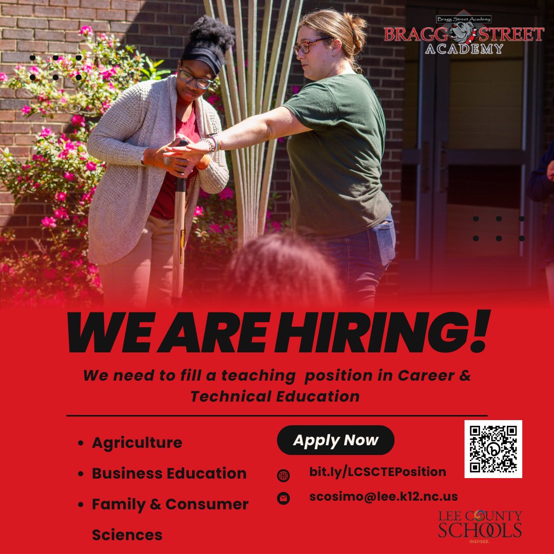 leecoschoolsnc's tweet photo. HIRING NOW. LCS is looking for a teaching position in Career &amp; Technical Education (CTE). @BraggStreetAca1 in Lee Co. (NC) has an IMMEDIATE need to hire a CTE Teacher in either Agriculture, Business, or Family &amp; Consumer Sciences. Apply now - https://t.co/WVYGsMoKfV. #CTEWorks https://t.co/IzFOHi7YdJ