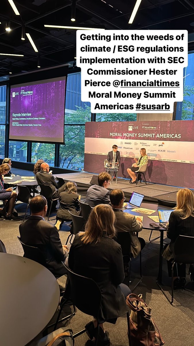 Getting into the weeds of climate change/ ESG regulations implementation with SEC Commissioner Hester Pierce with Patrick Temple-West at the @FinancialTimes Moral Money Summit Americas. #susarb @ftmoralmoney @Temple_West