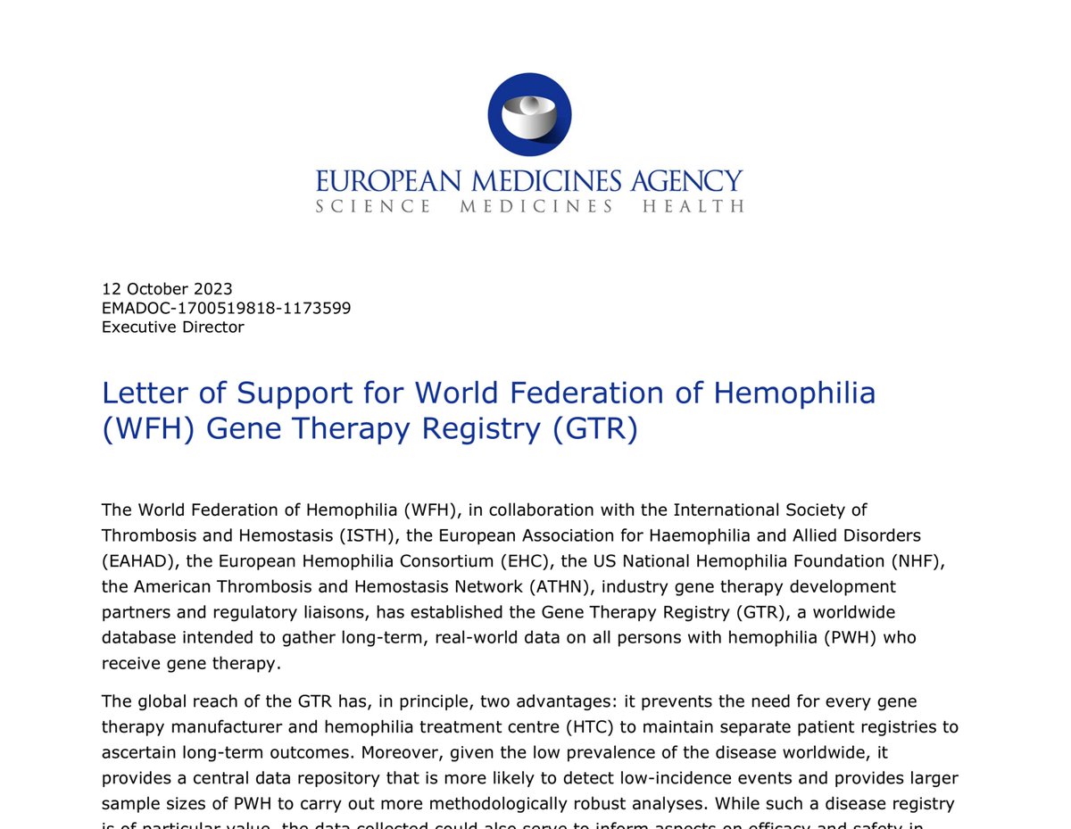 wfhemophilia's tweet photo. Did you miss the big news? Last week, the EMA Committee for Medicinal Products for Human Use (CHMP) issued a pivotal letter of support, endorsing the global adoption of the WFH Gene Therapy Registry. Read the letter here! #hemophilia #genetherapy https://t.co/Wxef83P7Wp https://t.co/px1TrPpOqE