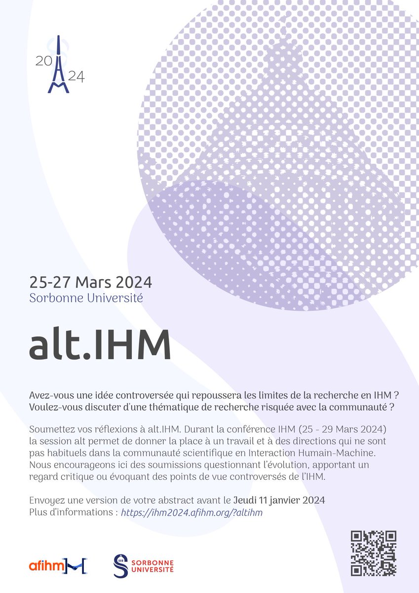Avez-vous une idée controversée qui repoussera les limites de la recherche en #IHM ?

Voulez-vous discuter d'une thématique de recherche risquée avec la communauté ?

Soumettez vos réflexions à #altIHM avant le Jeudi 11 janvier 2024
Plus d’infos : ihm2024.afihm.org/?altihm
