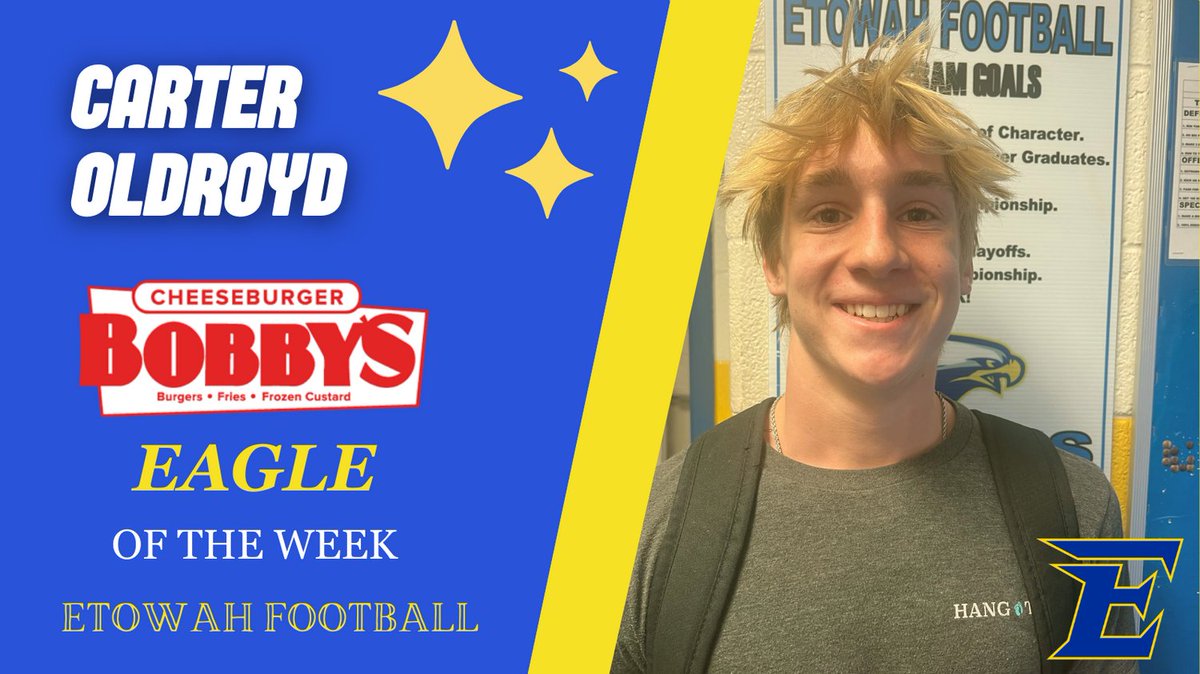 Congratulations to our @EtowahFootball Eagle of the Week for Week 8 against Allatoona, Carter Oldroyd! Thank you to our sponsor @CBobbys Woodstock for your support! @Coach_MKemper @EtowahHS @RecruitGeorgia